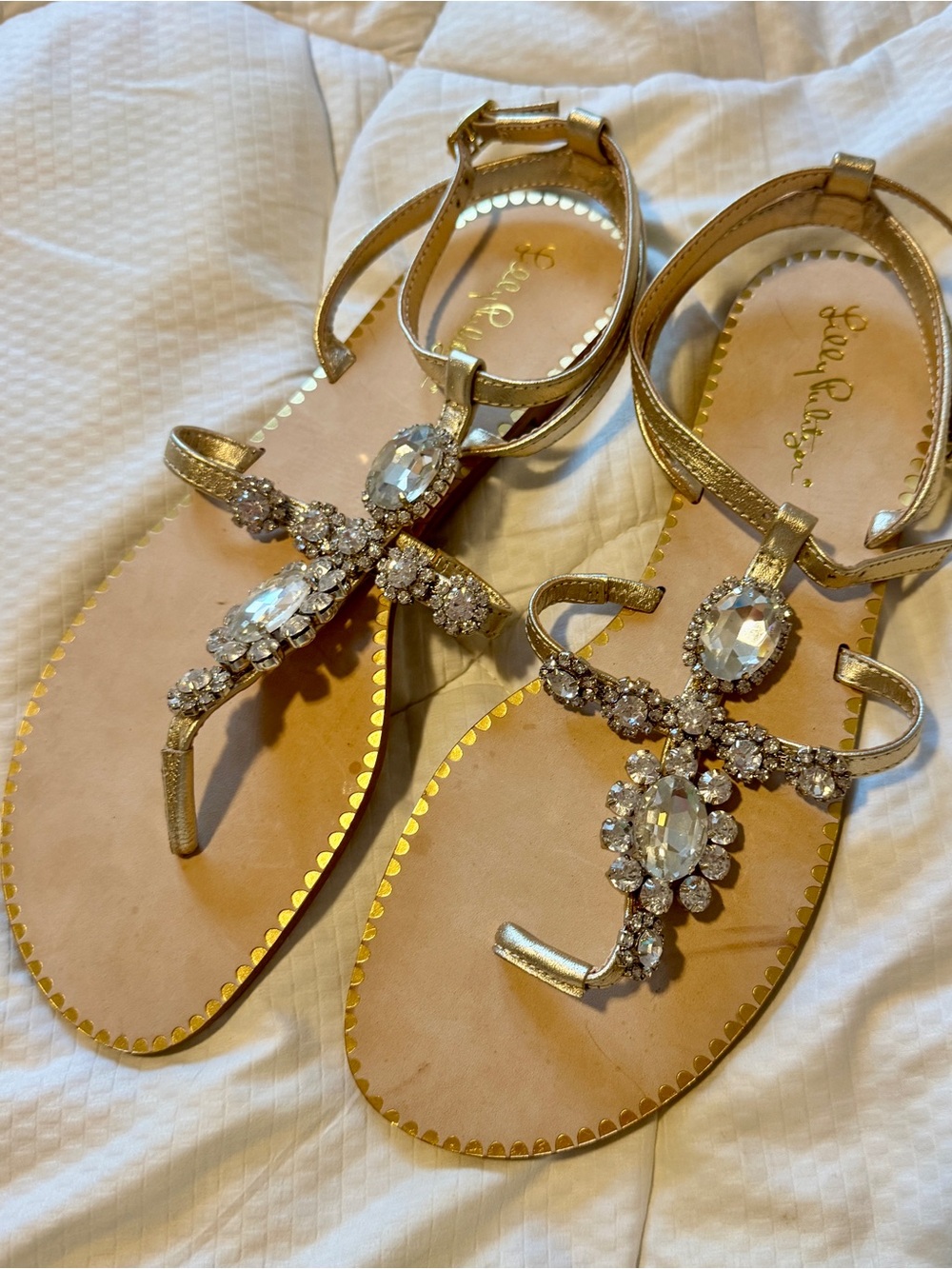 Lilly Pulitzer Gold Gemstone T-Strap Sandals - Picture 1 of 3